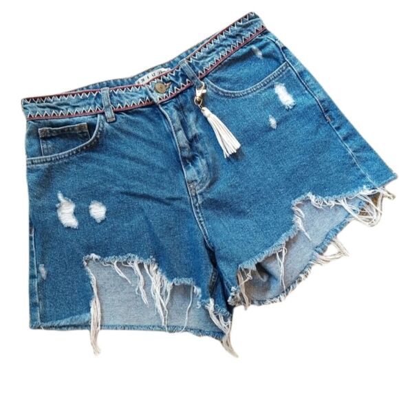 Denim Co Hi Rise Southwestern Aztec Distressed Ripped Denim Shorts